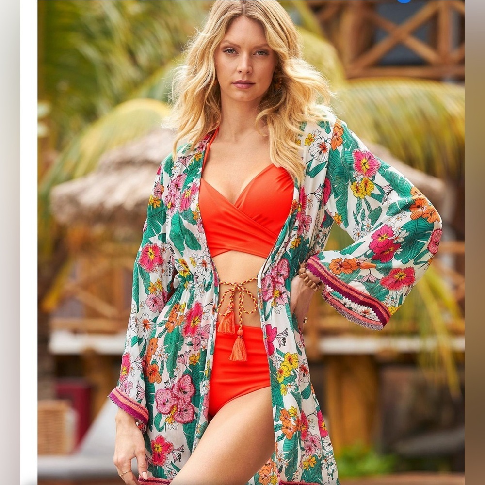 BOSTON PROPER Cabana Tropics Print Flare Sleeve‎ Duster S T01